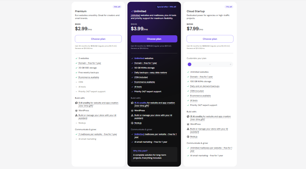 Hostinger hosting plan comparison showing Single, Premium, and Cloud Startup plans