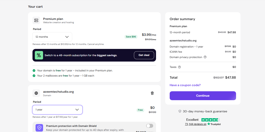 Hostinger cart showing Premium hosting with a 12-month billing period and domain registration