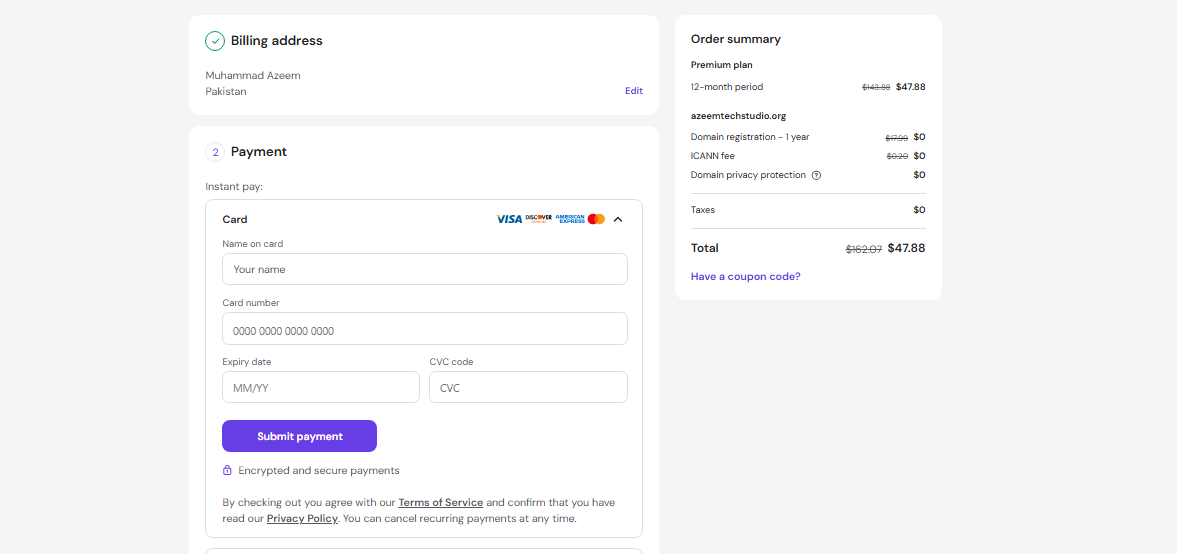 Hostinger billing address and payment form shown in the supplied PDF