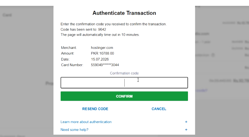 Payment transaction verification screen requesting a confirmation code